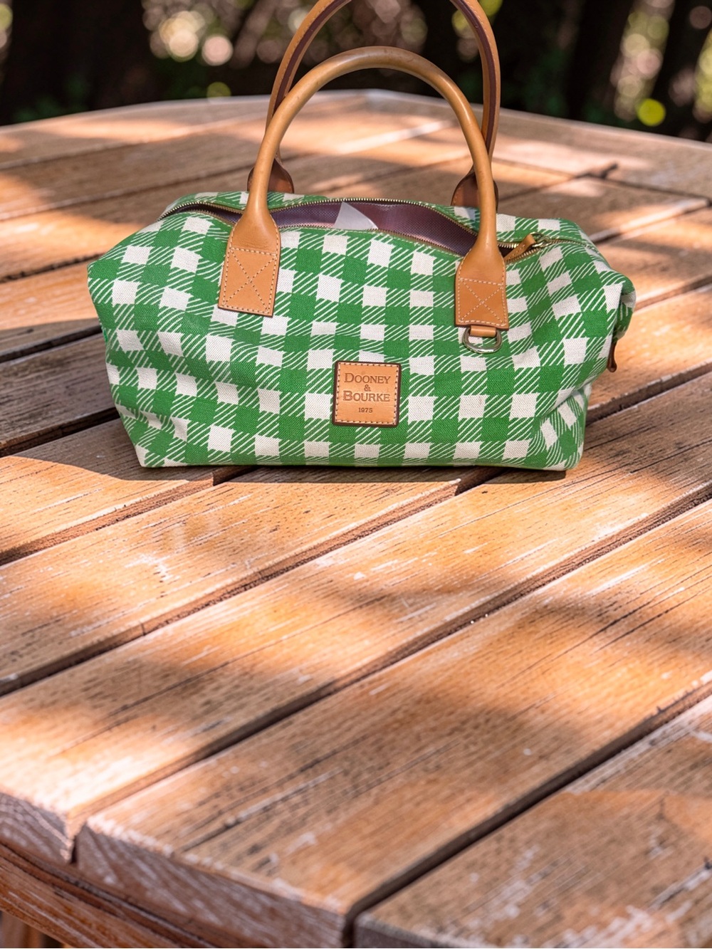 Dooney & Bourke Green Gingham Travel Bag with Tan Leather Handles